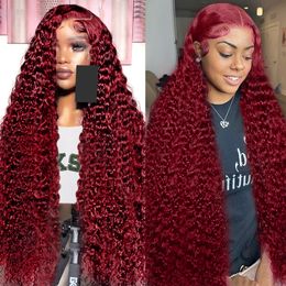 Deep Wave 99J Borgoña color rojo 13x4 encaje frontal pelucas de cabello humano para mujeres Remy 180 densidad resaltar pelucas frontales de encaje rizado