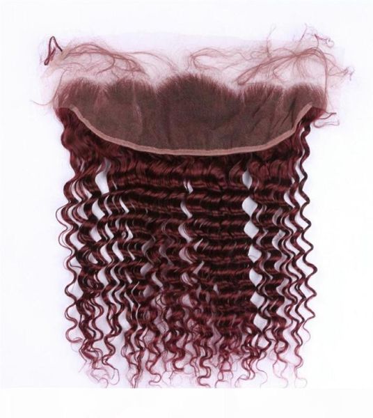 Vave profonde 99J Vin Ereille rouge à oreille 13x4 Lace Frontal Ferture Vierge brésilienne Borgogne Bureuse Human Frotals Fronals Frontals Deep Wavy5002410