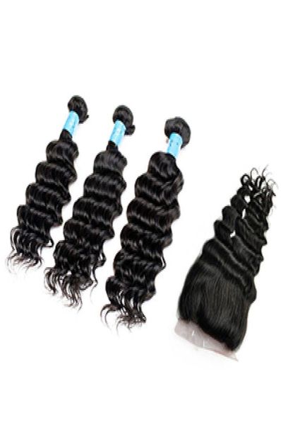 Bundles de cheveux humains vierges brésiliens de vague profonde avec fermeture 44 couleur naturelle 1B cheveux indiens péruviens malaisiens de haute qualité6902835