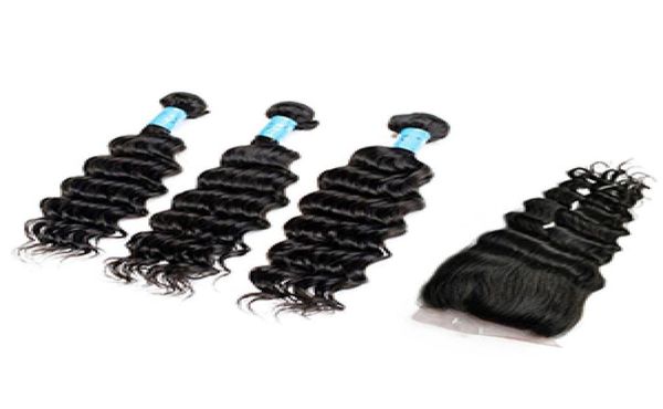 Bundles de cheveux humains vierges brésiliens de vague profonde avec fermeture 44 couleur naturelle 1B cheveux indiens péruviens malaisiens de haute qualité5752313