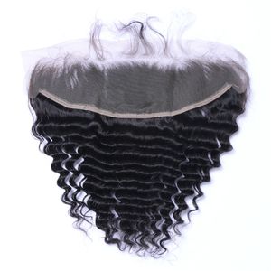 Cheveux humains ondulés profonds 13x4, fermetures frontales en dentelle transparente, naissance des cheveux naturelle pré-épilée