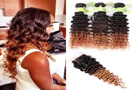 Deep Wave Human Hair Ombre Weave 3 Bundels met 44 kanten sluiting 1B427 Drie Tone Dark Bruine Honey Blonde Hair Extension3785873