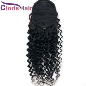 Deep Wave Human Hair Ponytail Drawstring Brazilian Virgin Deep Curly Extensions With Clip Ins For Black Women Adjustable Pony Tail Hairpiece