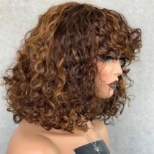 Deep Wave Human Hair Pruiken met ponys Volledige machinekranaat Wig Korte krullende bob pruik 99J bruin gekleurde pruiken Remy Hair 180 Dichtheid