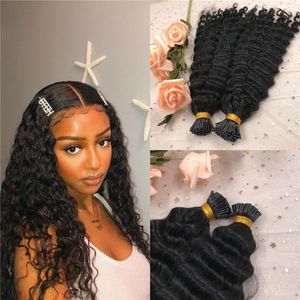 Deep Wave I tip Extensiones de cabello Color negro natural Real Virgin Brazilian Micro Links i tip hair 100g 1g / strand