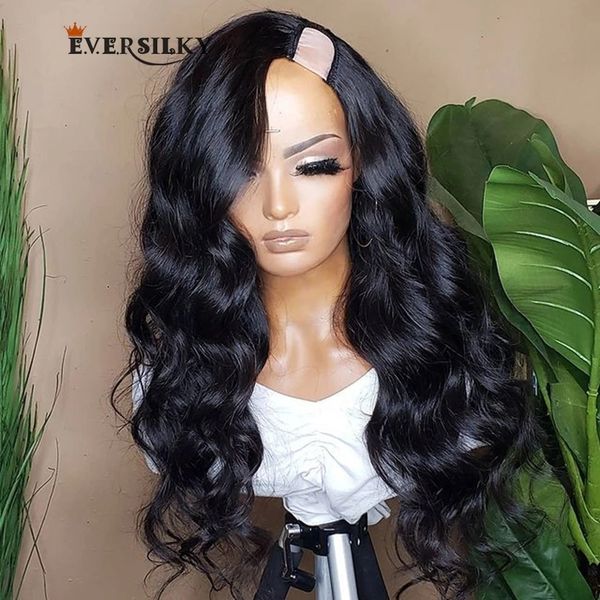 Olada profunda Jet Black Human Hair U Part Wigs Totalmente Máquina hecha Deeps ondulados Películas Remy Remy Lado Open upart upart 250 densidad 30inhces Wig con peines ondas corporales