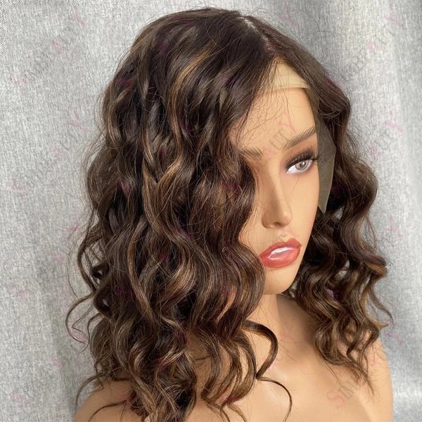 Perruque Bob Lace Front Wig brésilienne Remy, cheveux naturels, Deep Wave, court, sans colle, reflets brun miel blond, 13x 4/13x6