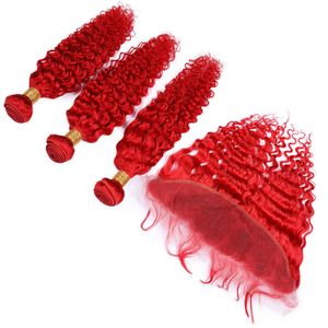 Diepgolf Virgin Indian Human Hair Bright Red Bundles 3 stks met 13x4 Frontale sluiting 4pcs Lot Rood Gekleurd Haar Weeft met Kant Frontaal