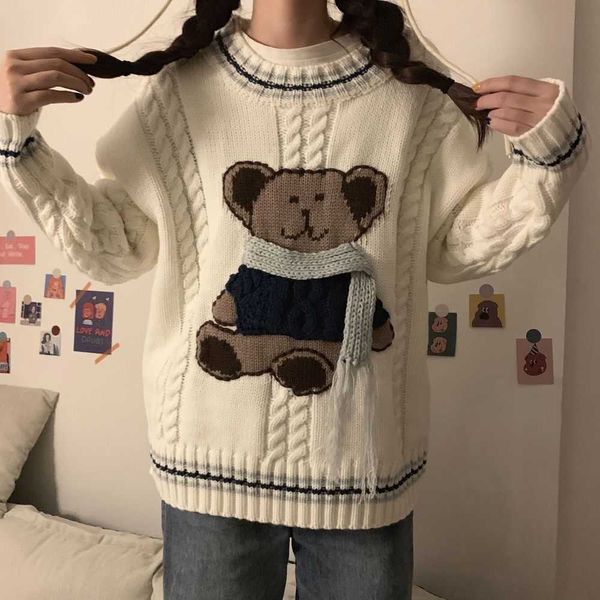 Deeptown mignon ours pull femmes Kawaii mode coréenne surdimensionné dessin animé tricot pull femme Preppy école Style vêtements hiver
