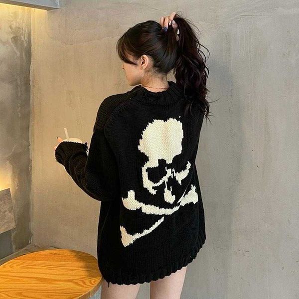 Deeptown gothique crâne squelette noir pull femmes Emo Grunge surdimensionné maillots foncé Goth tricoté hauts Hippie Streetwear pull