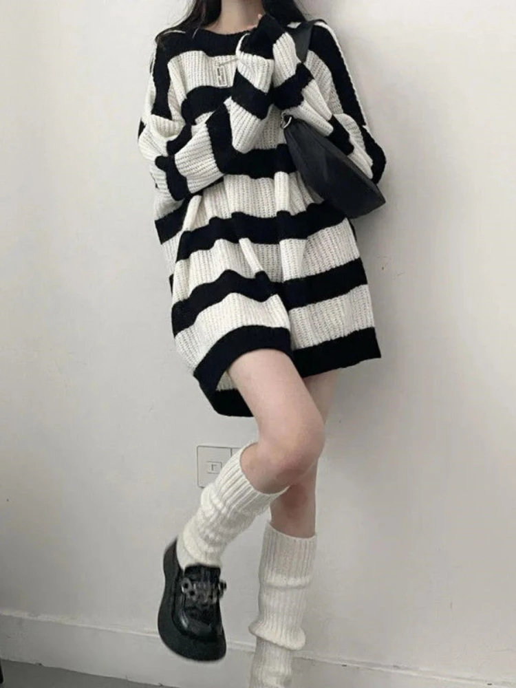 Deeptown Gothic Sweaters Women Harajuku Punk Knitted Stripes Jumper Vintage Plus Size Loose Long Sleeve Pullover Tops Streetwear