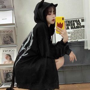 Deeptown Gothic Zipper Oversized Y2K Streetwear Hoodies Women Black Detachable Tail Harajuku Devil Horn Sweatshirts Loose Casual P230331