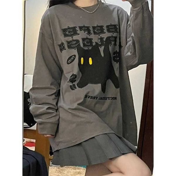 Deeptown Grunge chat t-shirts femmes Harajuku mode coréenne surdimensionné à manches longues t-shirts femme Hip Hop Vintage gris haut en vrac