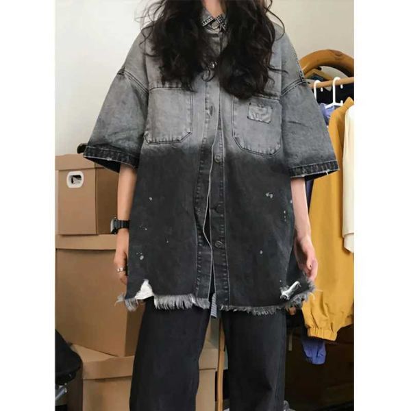 Deeptown-ropa de calle Grunge para mujer, camisas vaqueras, chaquetas Kpop Vintage de gran tamaño con gradiente desgastado, Top de manga corta, Harajuku Hippie