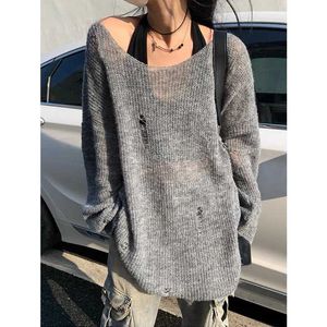 Deeptown Grunge Streetwear évider pull femmes Kpop Harajuku surdimensionné gris pull japonais Y2k Vintage haut tricoté femme