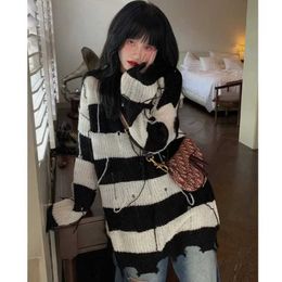 Deeptown Grunge Y2k Vintage Gestreepte Trui Vrouwen Harajuku Mode Gat Onregelmatige Oversize Jumper Streetwear Hippie Gebreide Top