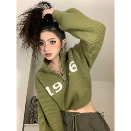 Deeptown-suéter corto Hippie Y2k para mujer, Jersey verde Harajuku Kpop Gyaru, Top de punto con letras y cremallera de gran tamaño, Jersey Vintage Grunge