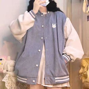 Deeptown Japanse Kawaii Patchwork Bomberjacks Vrouwen Preppy Stijl Schattig Konijn Corduroy Baseball Jas Oversize Jassen Vrouwelijke