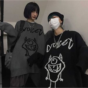 Deeptown Japanse Y2k Anime Print Zwarte Trui Vrouwen Harajuku Mode Preppy Oversize Jumper Vrouwelijke Streetwear Hippie Jerseys