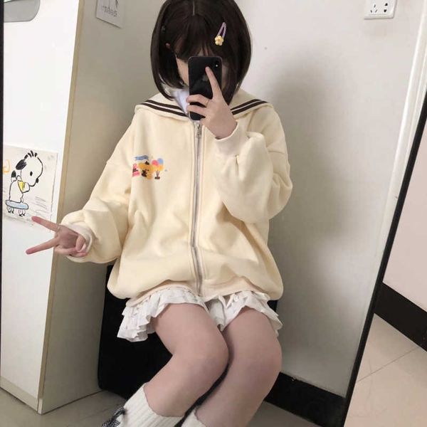 Deeptown Kawaii mignon fermeture éclair Beige sweat femmes Style japonais doux dessin animé surdimensionné col bleu marine sweats à capuche Harajuku vestes