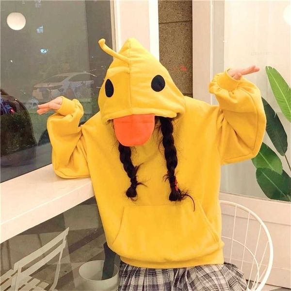 DeePtown Kawaii Duck Sweat à capuche à capuche longue à manches longues Mignon Tops Emo Vêtements Mode Coréenne Hiver Jaune Pull Casual Pull Soft Girl 211104