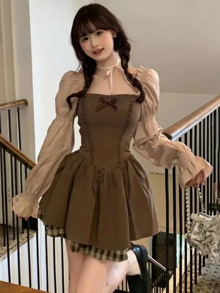 Deeptown Kawaii Style coréen marron Mini robe Lolita femmes mignon Fairycore Vintage à manches longues tunique robes de soirée 240228