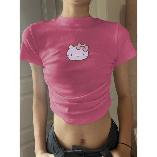 Deeptown Kawaii Preppy Style dessin animé T-shirts femmes doux Style coréen mignon à manches courtes haut court 2000s esthétique T-shirts Y2k