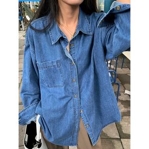 Deeptown Koreaanse mode Basis Denim shirts vrouwen vintage oversize met lange mouwen Jean Blouse vrouwelijke herfsttoppen knop omhoog Casual