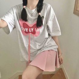 Deeptown Koreaanse Mode Brief Grijze T-shirts Vrouwen Preppy Stijl Kawaii Oversize Lace Up Korte Mouw Top Vrouwelijke Leuke Casual Tee