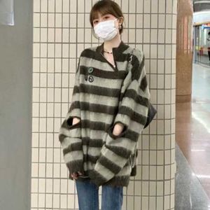 Deeptown – pull marron rayé de Style coréen Y2k pour femmes, Hippie Vintage, surdimensionné, haut tricoté, Harajuku, pull irrégulier ajouré