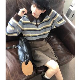Deeptown-suéter corto a rayas Vintage coreano para mujer, ropa de calle estética de los años 90, jersey con cremallera, Polo de moda Harajuku, Top de punto