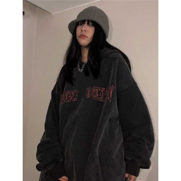 Deeptown Kpop Hippie Grunge Feu Sweatshirt À Capuche Femmes Gothique Lettre Foncé Surdimensionné Sweat Rétro Streetwear Haut À Manches Longues