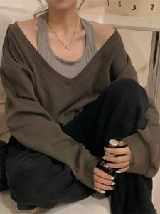 Deeptown oversize bruine sweatshirts Y2K esthetische Koreaanse mode patchwork off-shoulder hoodie nep tweedelige uitloper halter top