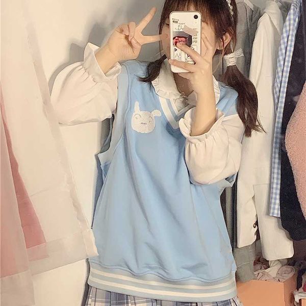 Deeptown Preppy Style dessin animé bleu pull gilet femmes Kawaii japonais doux surdimensionné haut tricoté Harajuku rayé pull femme