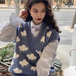 Deeptown Adrette Wolke Blau Pullover Weste Frauen Süße Kawaii Harajuku Oversize Gestrickte Tops Vintage Koreanische Mode Jumper