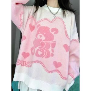 Deeptown Preppy Style Kawaii ours rose pull femmes doux mignon mode japonaise surdimensionné haut tricoté années 2000 pull esthétique