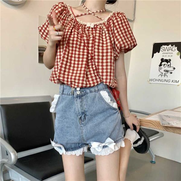 Deeptown Preppy Style Kawaii carreaux manches bouffantes chemises femmes coréen Streetwear doux à lacets à manches courtes chemisier à carreaux noeud t-shirt