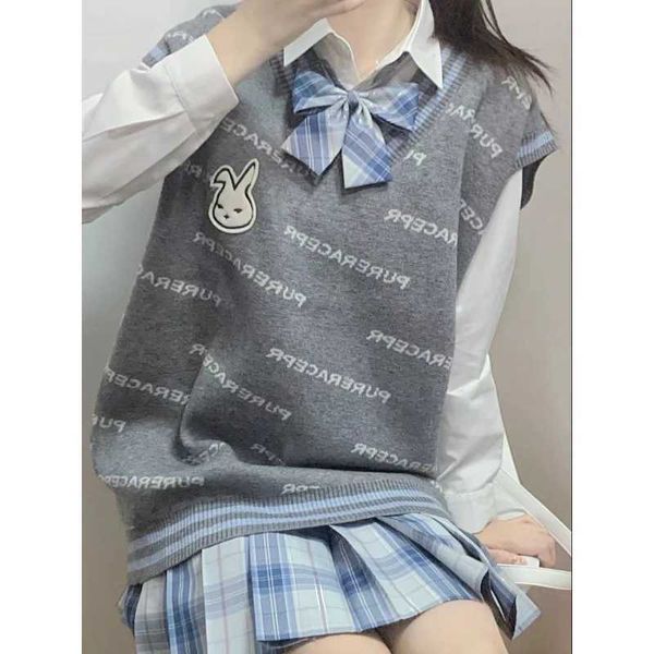 Deeptown Preppy Style lapin pull gilet femmes Jk surdimensionné lettre imprimer Kawaii haut tricoté femme Style japonais rayé pull