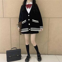 Deeptown Preppy Style rayure surdimensionné pull Cardigan femmes Harajuku doux école Girly broderie tricoté pull veste d'hiver