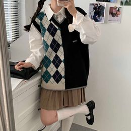 Deeptown Preppy Style Vintage Argyle pull gilet femmes japonais Jk surdimensionné asymétrique haut tricoté Harajuku doux pull femme