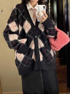 Deeptown Preppy Sweet Pink Argyle Sweater Cardigan Femmes Coréen Fashion Overniteddiced Trithed Feme Female Harajuku Blue Jackets