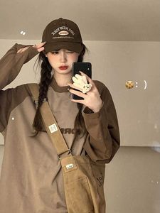 Deeptown Preppy Vintage marron à manches longues t-shirts femmes Harajuku mode coréenne Patchwork surdimensionné t-shirts femme Y2K hauts