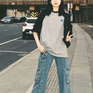 Deeptown Streetwear 90s Vintage gris T-shirts femmes Harajuku Kpop Patchwork manches courtes haut femme décontracté surdimensionné T-shirts amples