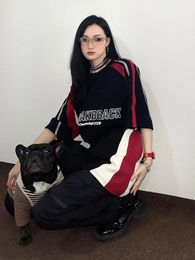 Deeptown Vintage surdimensionné t-shirts femmes homme Y2k Streetwear Patchwork manches courtes t-shirts femme décontracté sportif noir Couple hauts 240321
