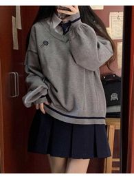 Deeptown-suéter gris Preppy Vintage para mujer, Jersey de punto con manga acampanada con bordado Retro americano, jersey de estilo japonés Jk