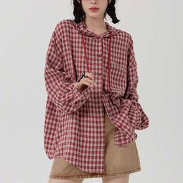 Deeptown-camisas Vintage a cuadros rojos para mujer, blusa holgada de estilo coreano a cuadros, ropa de calle Hippie Harajuku, Top de manga larga abotonada