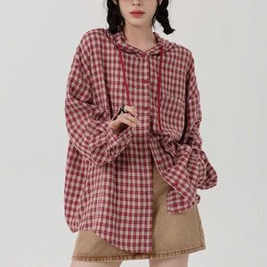 Deeptown Vintage Rode Geruite Shirts Vrouwen Koreaanse Stijl Oversize Plaid Blouse Hippie Harajuku Streetwear Lange Mouw Top Button Up