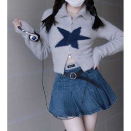 Deeptown Y2k Gris Étoile Récolte Pull Cardigan Femmes Harajuku Vintage Kpop Streetwear Mince Fermeture Éclair Top En Tricot Femme Mode Coréenne