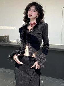 Deeptown y2k grunge noir cardigan cropped women coréen élégant fourrure tricot pull de luxe en V V