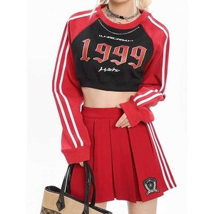 Deeptown Y2K Gyaru Rouge Sweat-Shirts Courts Femmes Vintage 90s Streetwear Lettre Sweats À Capuche Style Coréen Harajuku T-shirts À Manches Longues